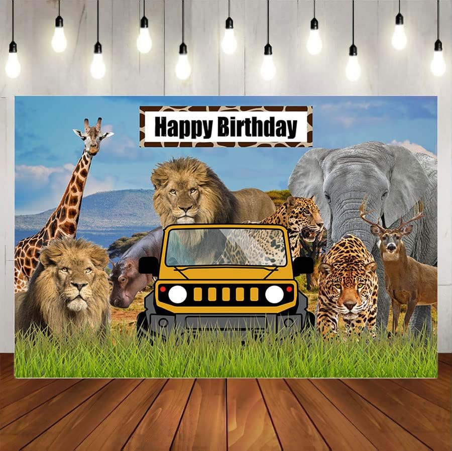 Sendy 7x5ft Safari Állatok Boldog Születésnapot Fotó Hátteret Trópusi Állatkert Vadon Erdő Autó Fotózás Háttérben, Oroszlán,