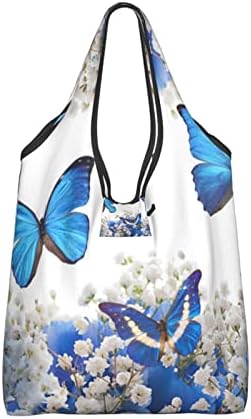 Kék Pillangók, Fehér Virágok, Újrafelhasználható Bevásárló Táska Nagy Mosható Elfér A Zsebében Bevásárló Táska