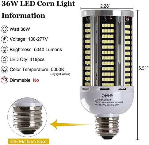 QiGe 400W Egyenértékű LED Kukorica Izzó,5040Lumen 5000K 36W Nappal Fehér E26/E27 Közepes Alap részére Fedett Garázs,