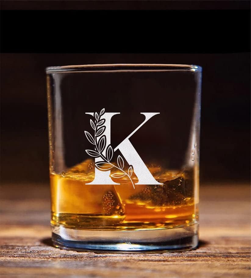 Virágos Monogram K Whiskys Üveg - Betű A-Z Vésett - Stemless Whiskys Üveg - Ajándék Apa - anyák Napja - Ajándék Anya
