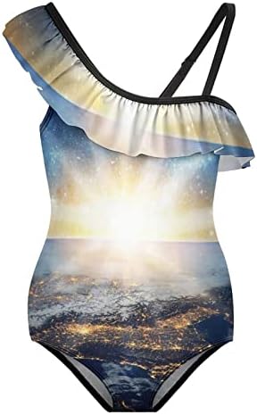 WEEDKEYCAT Föld Galaxy Tér Leányka-Fürdőruha Egy Váll Fodros Fürdőruha fürdőruha Strandcuccot