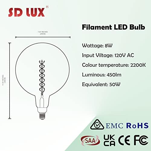 SD LUX Túlméretezett Vintage Óriás LED Izzó, Hatalmas Edison-Izzó - Szabályozható, 8W 450LM (50W Equi), G63(G200) Meleg