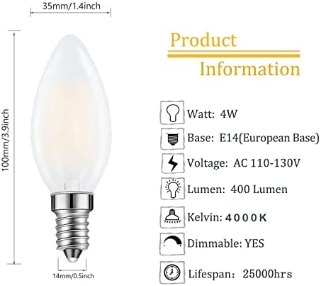 Lamsky E14 LED Izzó Európai Alap 4W LED Csillár Izzók Szabályozható 40W Egyenértékű,110V 4000K Semleges Fehér,Matt Üveg